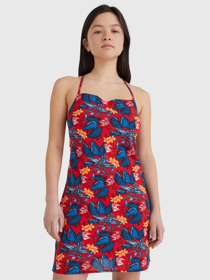 Női Tommy Hilfiger Floral Tie-Back Mini Dresses Piros | HU 92NWY